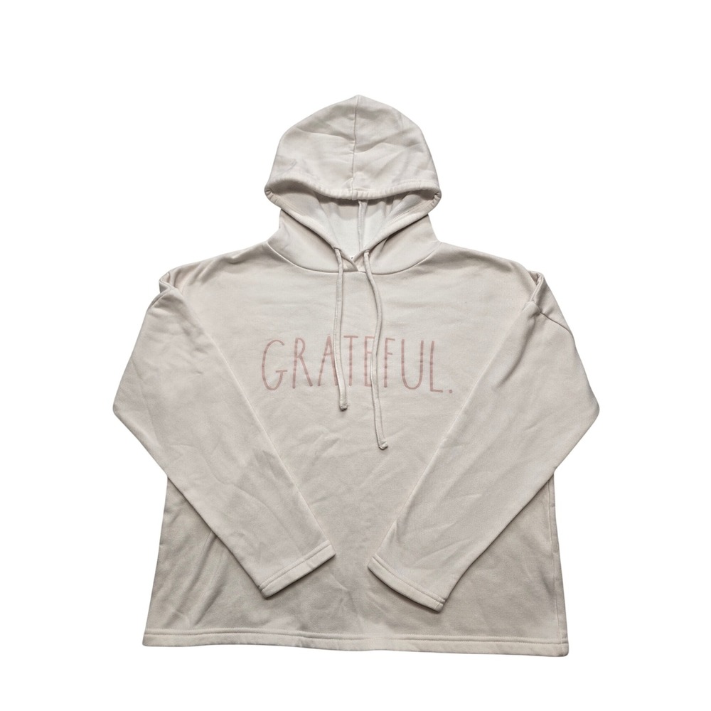 Rae Dunn Grateful Hooded Sweatshirt Cream Pink Graphic Hoodie Womens Medium M